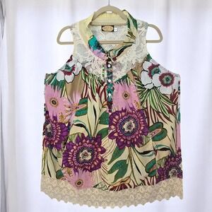 Tavi K Floral Tank Top Woman XL Lace Trim Button Up Tropical Boho Feminine Light